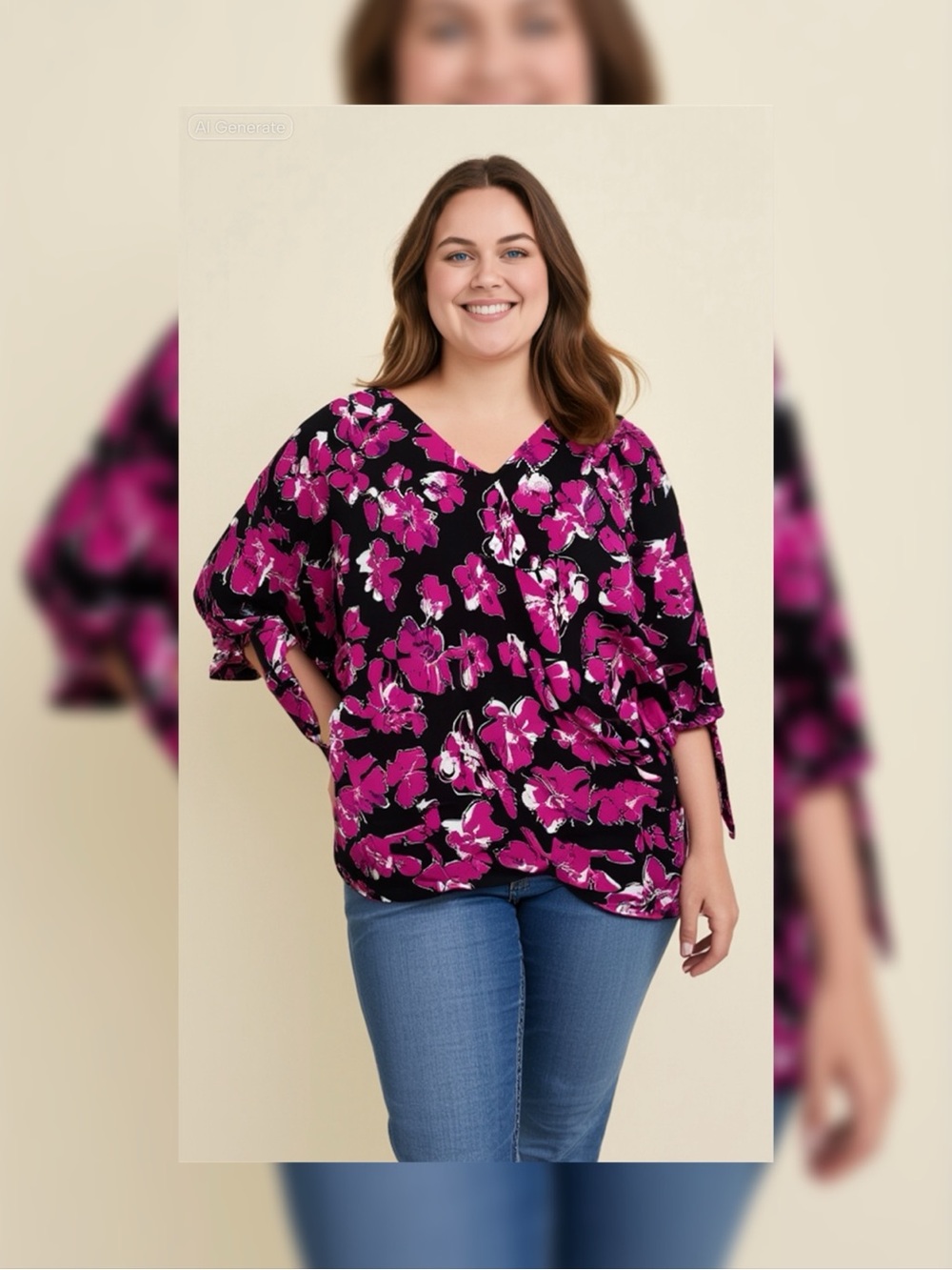 Jessica London Black Blouse with Magenta Floral Print